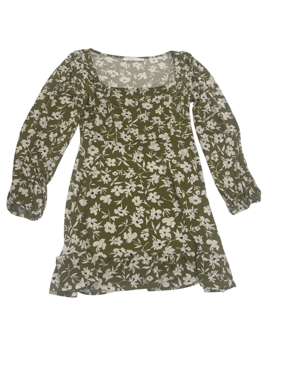 Lush Olive Green Floral Square-Neck Long Sleeve Mini Dress Size Medium NWT